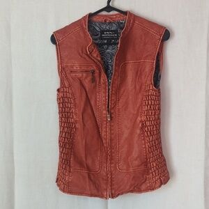 Montana Co Burnt Orange Faux Leather Smocked Zip Vest Size Medium